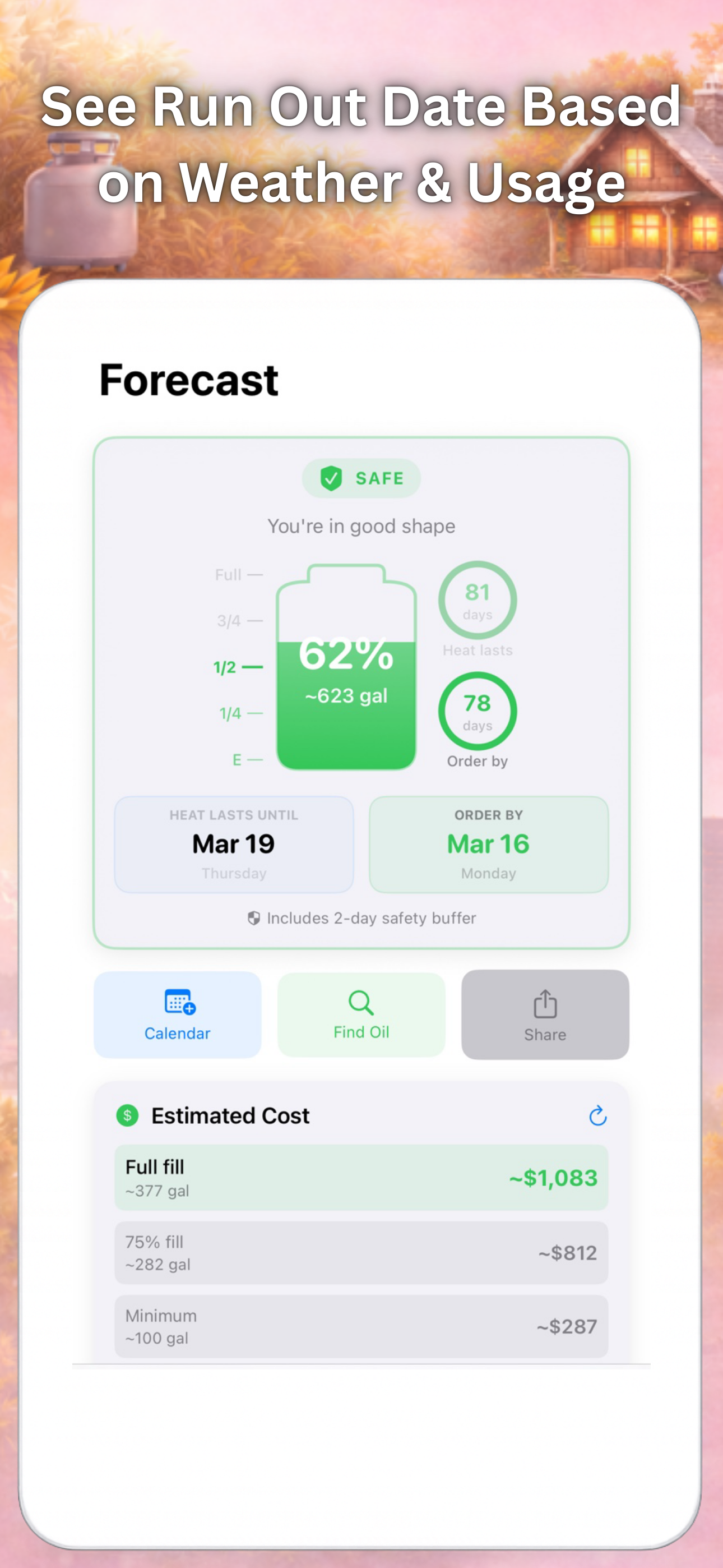 HomeHeat forecast screen showing run-out date of March 19, order by March 16, with estimated fill costs from $287 to $1,083
