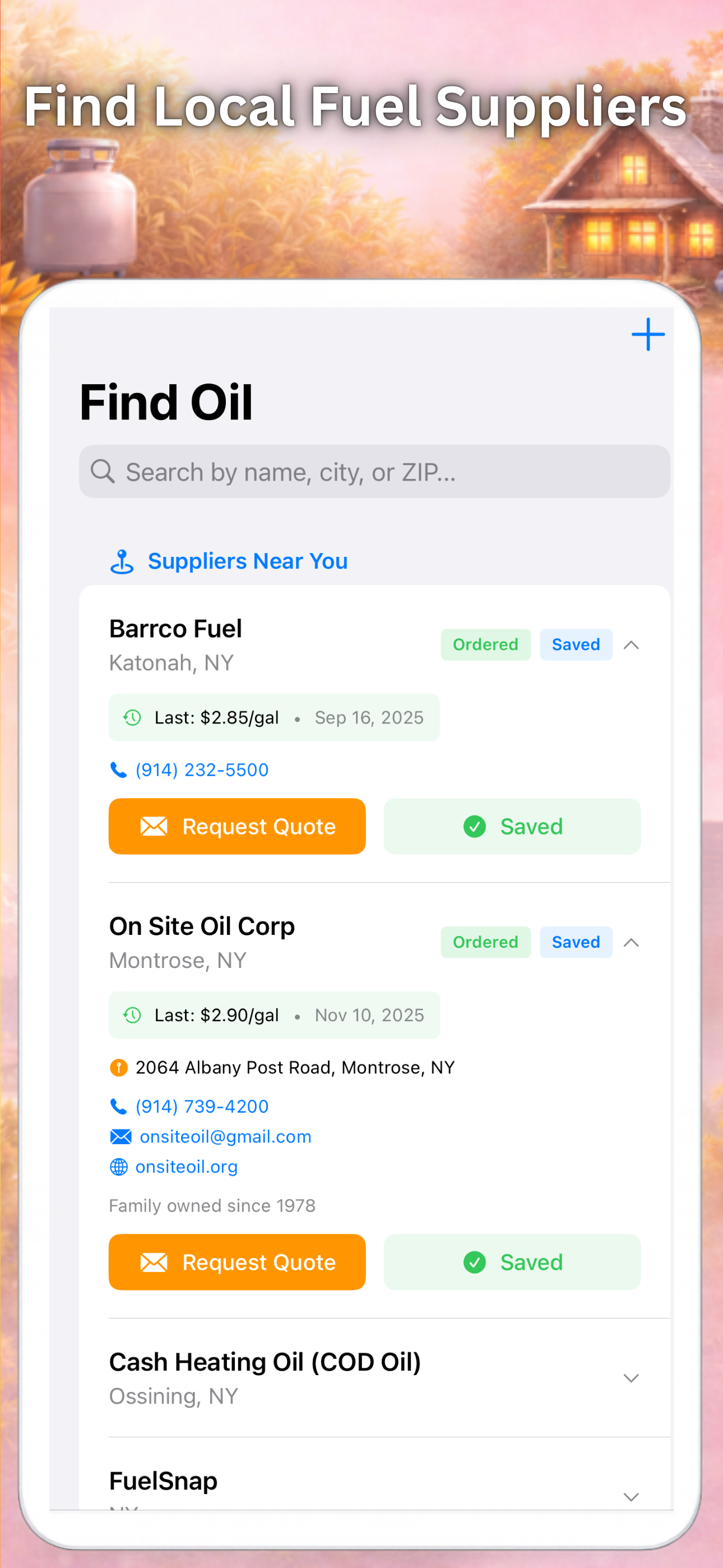 HomeHeat supplier directory showing local oil companies like Barrco Fuel at $2.85 per gallon with phone numbers and request quote buttons
